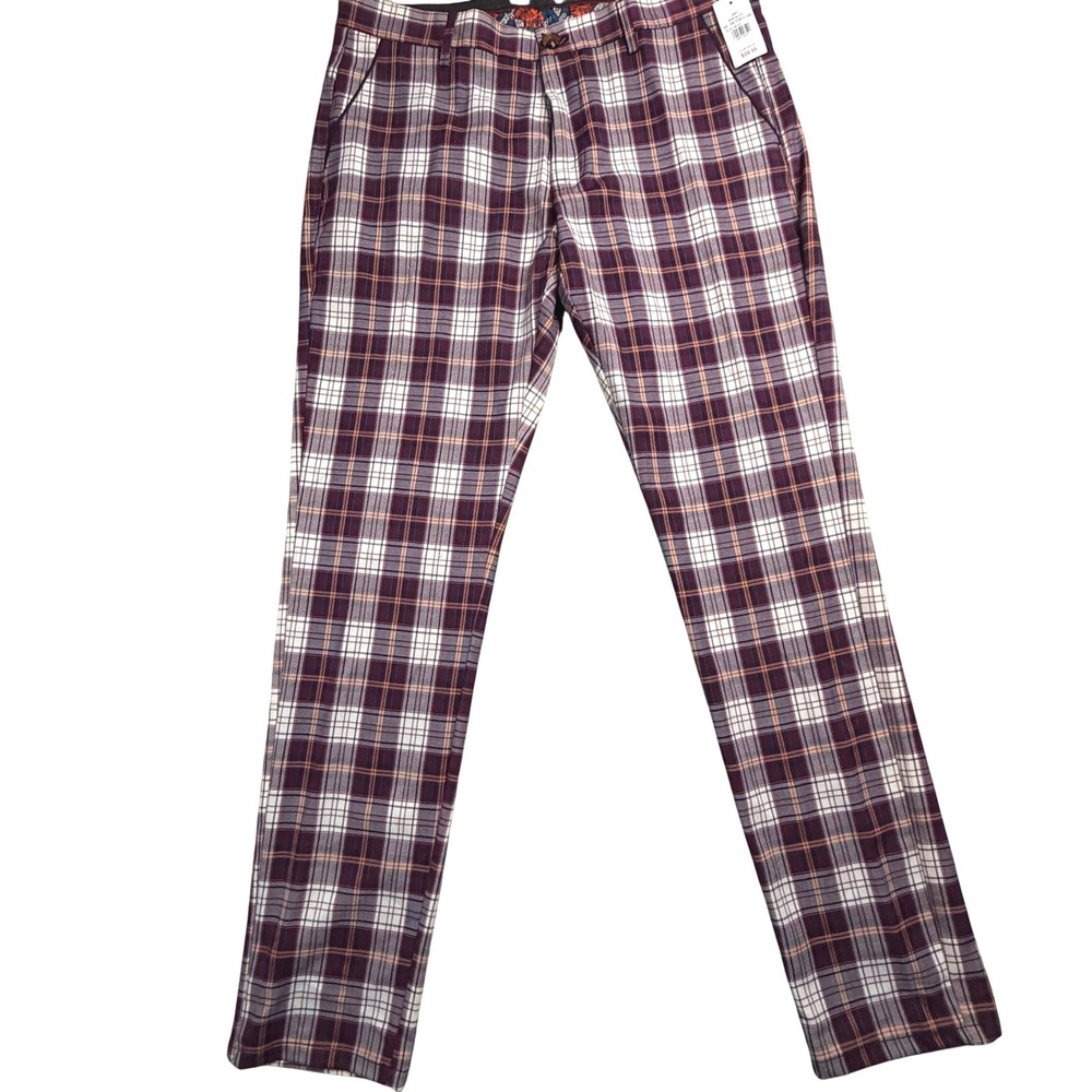 Suslo Couture Mens Slim Fit Plaid Pants Plum Cream PPS15-3 36x32 NWT